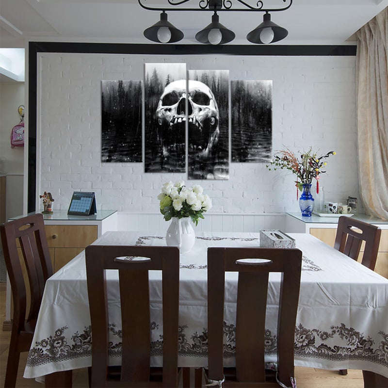 iHAPPYWALL Halloween Day of Dead Skull in Dark Foggy Lake Abstract Black and White Contemporary Picture Print 4 Panel Large Canavs for Modern Home Decoration Ready to Hang - Image 5